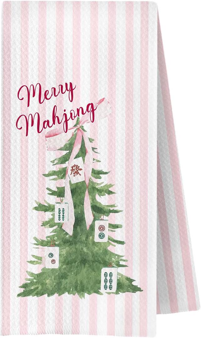 Pink Bow Christmas Mahjong Tree Kitchen Towels Decorative, Mahjong Lover Player Gifts, Preppy Striped Xmas Dish Hand Tea Towels, Pink Christmas Kitchen Bathroom Decor, 16x24 Inch