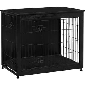 DWANTON Dog Crate Furniture with Cushion, Wooden Kennel Table with Double Doors, Indoor Dog House, Medium Size, 32.5" L, Black