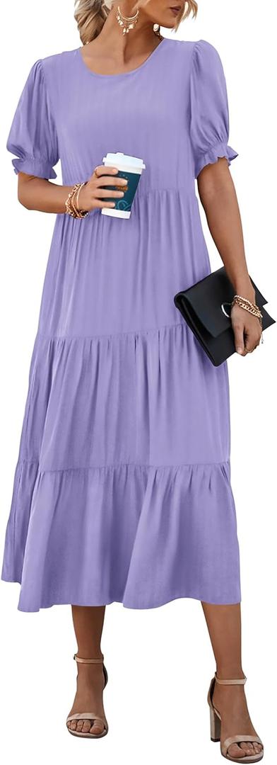 PRETTYGARDEN Women's Summer Casual Boho Dress Floral Print Ruffle Puff Short Sleeve Flowy Midi Beach Party Dresses (Solid Purple, Large)