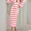 Womens Crochet Summer Maxi Dress Striped Sexy Cut Out V Neck Long Sleeve Knit Cover Up Beach Dresses, S, Pin