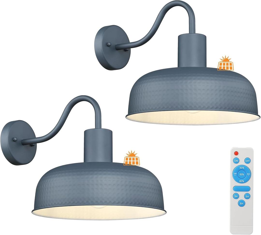 Darkaway 2pcs Solar Barn Light, Industrial Outdoor Wall Light Dusk to Dawn Wall Sconce Gooseneck Exterior Wall Mount Lighting with Hammered Dome Metal Shade for House Garage Porch Entry Hallway