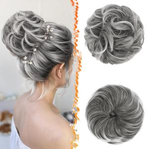 BARSDAR 2 PCS Messy Bun Hair Pieces - Elastic Grey Hair Bun Scrunchies Extensions for Women - Synthetic Thick Fluffy Messy Updo Salt Pepper Hairpieces, Dark Gray & White Tips