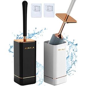 Aokala Toilet Brush and Holder, Elegant 2 Pack Silicone Toilet Bowl Brush Set with Ergonomic Long Handle, Modern Bathroom Decor Cleaning Accessories, Durable, Deep Cleaning - Black & White