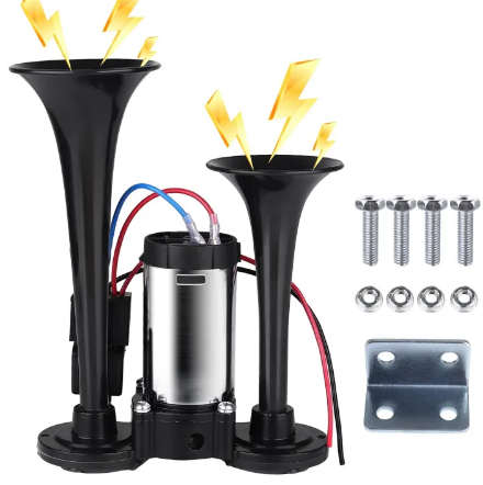 Upgraded 12V 600DB Air Horn Dual Trumpets, Super Loud Truck Train Horns Kit with Air Compressor for Any 12V SUV Motorcycle Trucks Pickup Lorries Trains Cars Boats