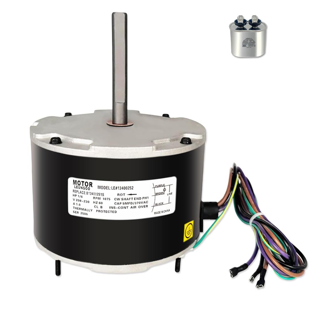 B13400251S, 1/6 HP Condenser Fan Motor Replaces Goodman Amana, Janitrol B13400251, ge 5KCP39BGY926S, genteq 3S012, 208-230 Volts, 1075 RPM, AO Smith F48A90A76 with Capacitor Leungoo