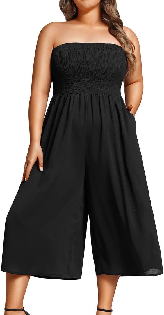 Pinup Fashion Plus Size Jumpsuits Women Black Cover Ups Swimwear Casual Off Shoulder Strapless Wide Leg Smocked Romper with Pockets, size 16W