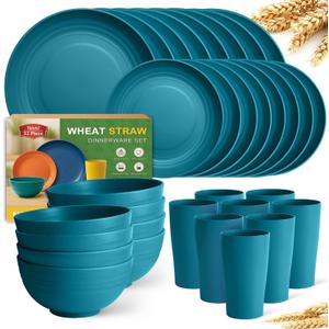 Teivio 32Piece Kitchen Plastic Wheat Straw Dinnerware Set, Service for 8, Dinner Plates, Dessert Plate, Cereal Bowls, Cups, Unbreakable Colorful Plastic Outdoor Camping Dishes, Dark Blue