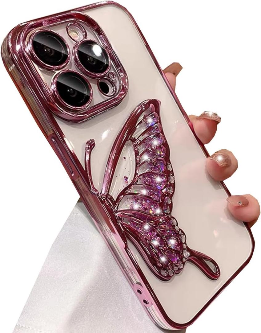 Glitter 3D Butterfly Case for iPhone 15 Pro Max 6.7" (Pink)