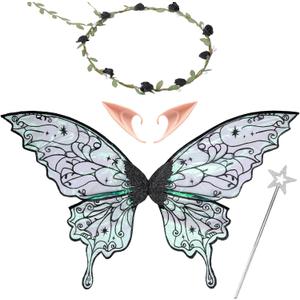 Fairy Wings Set Adult - 4 PCS Butterfly Wings Elf Ears Flower Crown Fairy Wand Halloween Costume (Black)
