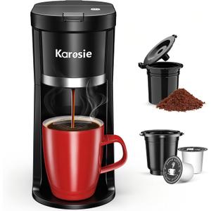 Karosie Single Serve Coffee Maker for KCup and Ground Coffee, Fast Brew, 612 oz Brew Sizes One Cup Coffee Machine Fits 5.5" Mugs, OneButton Small Coffee Maker with Descaling Reminder,Black