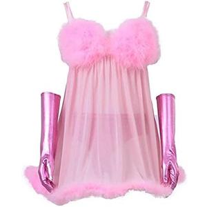 CosplayDiy Women's Cosplay Pink Fembot Costume Dress Women's Sexy Robot Costume Feather Lingerie Set Adult L