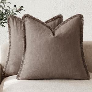 Foindtower Set of 2 Decorative Linen Fringe Throw Pillow Covers Cozy Farmhouse Cushion Cover with Tassels Accent Pillowcase for Couch Chair Sofa Bed Living Room Home Decor,16×16 Inch,Light Coffee