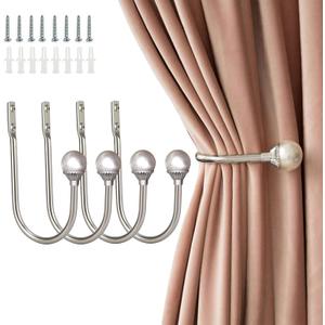 Coolnice 4 Pack Curtain Holdbacks Wall Mounted Curtain Tiebacks Hooks Plastic Pearl U Shape Curtain Tiebacks with Screws Curtain Ties for Home Office-Silver