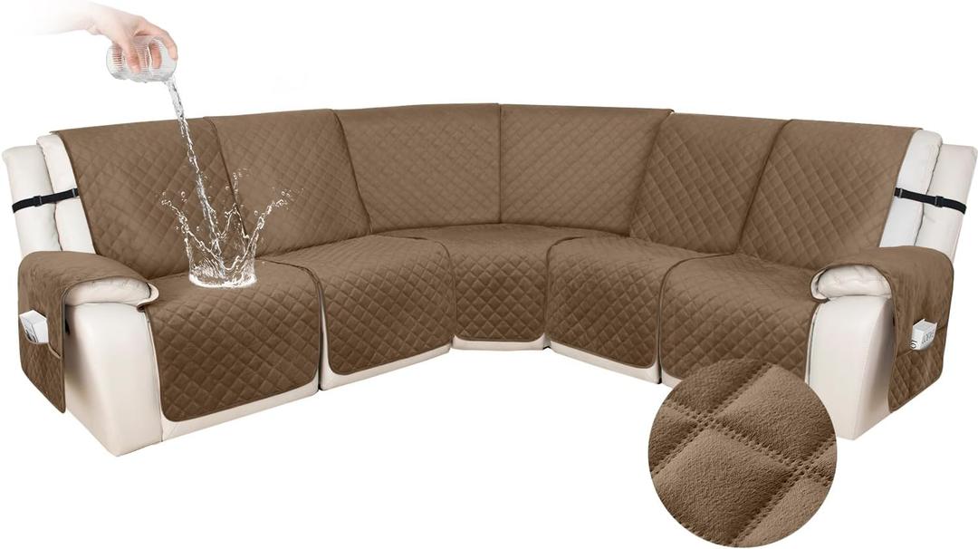 HDCAXKJ 100% Waterproof Velvet Recliner Sectional Couch Covers L Shaped Corner Reclining Sofa Cover Washable Thick Non Slip Sectional Slipcover with Pockets (5 Seat Recliner Couch, Light Brown)