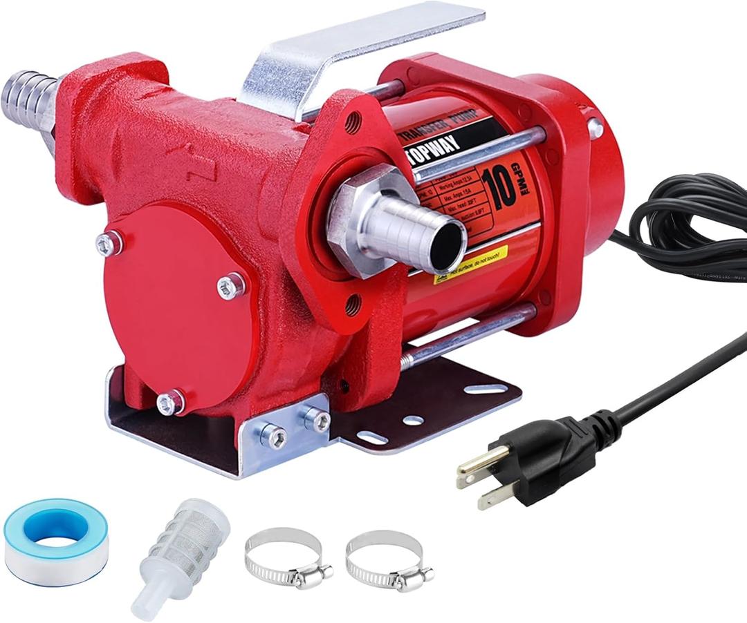 TOPWAY 110V AC Gasoline Fuel Pump 10GPM Self-priming Oil Transfer Pump With Handle, Overheat Protection, Explosion-Proof, Built-in Bypass, for Gasoline Fuel Diesel Kerosene Removal,Red