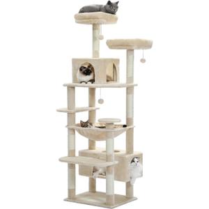 PAWZ Road Large Cat Tree, 72 Inches Cat Tower for Large Cats, Cat Condo with Sisal-Covered Scratching Posts and Pads, 2 Padded Perch, Dual Condo and Basket for Indoor Cats-Beige