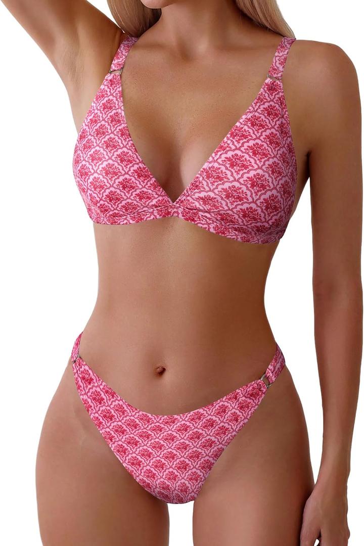 ZAFUL Women's 2 Piece Floral Print Swimsuit Triangle String High Cut Bikini Sets Bathing Suit (Large, 1-floral Pink)