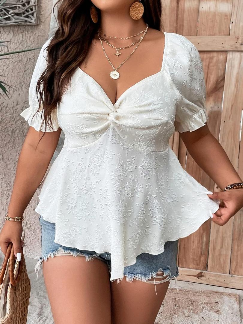 Women's Plus Size Twist Puff Sleeve Sweetheart Ruffle Blouse Beige X-Large Plus