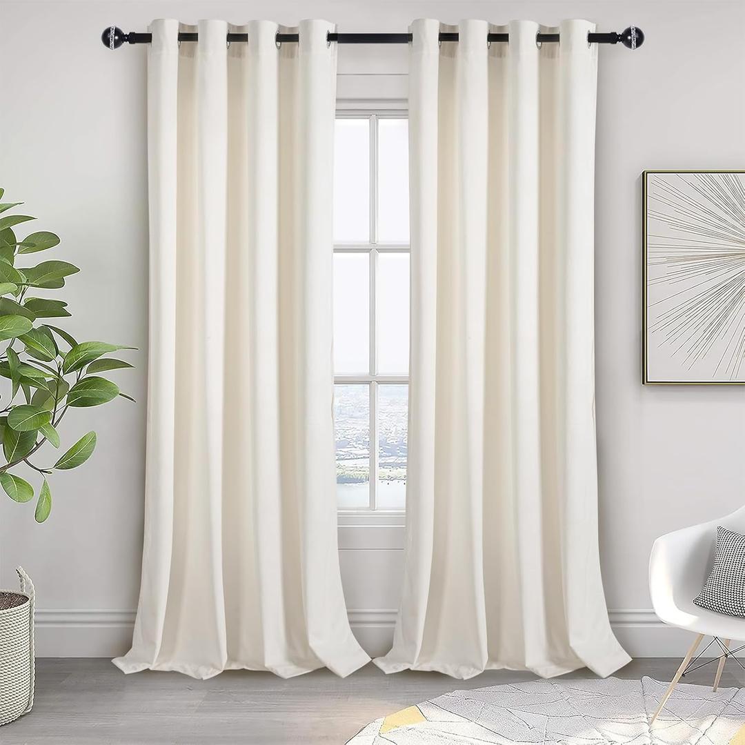 JIUZHEN Ivory Velvet Curtains 96 inches Soundproof Curtains for Living Room - Privacy Protect Room Darkening Grommet Thick Velvet Window Drapes for Bedroom, Set of 2 with Tiebacks, 52W x 96L