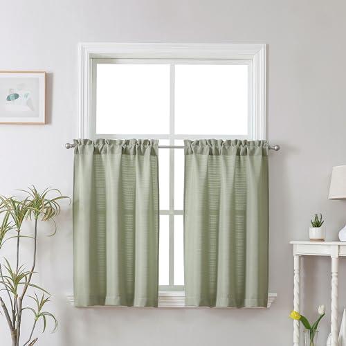 Chyhomenyc Bennet 2 Panels Light Green Kitchen Curtains Tier 24 Inch Length, Faux Linen Textured Small Cafe Curtains, Light Filtering Short Window Curtains for Bathroom Basement, 30x24 Inch