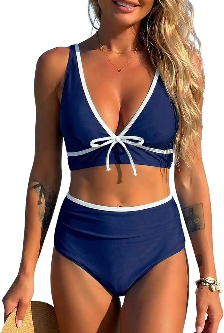 ZAFUL Womens High Waisted Bikini Sets Sexy V Neck Two Piece Swimsuit Cute Bow Ruched Bathing Suit (Blue, M)