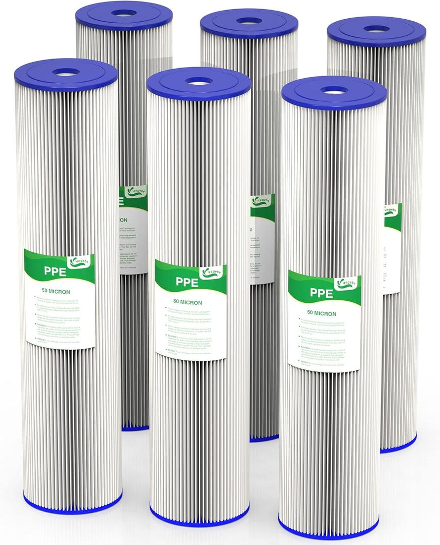 50 Micron 20-Inch Heavy Duty Whole House Water Filter Replacement Cartridge, Pleated Sediment Water Filters 4.5" x 20" for Well Water, Compatible with ECP5-20BB, R30-20BB, SPC-45-2050, 6 Pack