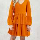 storeofbaby Girls Long Sleeve Dress Casual V Neck Loose Fit Flowy Swing Dresses 4-13 Years (Orange, S)