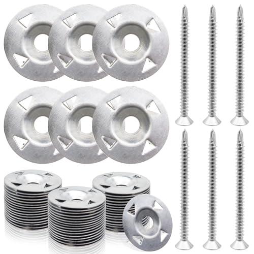 200 Pcs Foam Board Fasteners Kit Washers for Insulation Foam Board Panels 100Pcs 1-1/8 Inch Galvanized Steel Washer and 100Pcs Screws for Fixing Fastening and Supporting Hardware Set for Foam Board