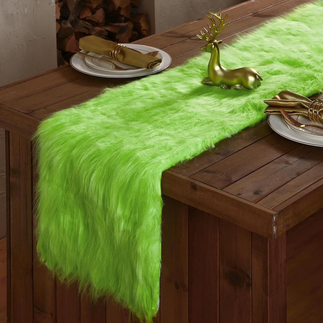 Moukeren Faux Fur Long Table Runner 13.78 x 47.24 Inch, Christmas Luxury Plush Runner Winter Rug Decorative Modern Center Piece for Dining Coffee Table Party Birthday Wedding Dresser (Green)
