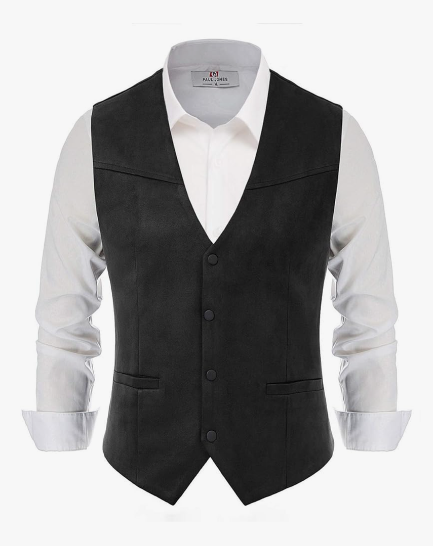 PJ PAUL JONES Men's Western Cowboy Suit Vest Slim Fit Faux Suede Leather Dress Vests Waistcoat for Wedding Black XL