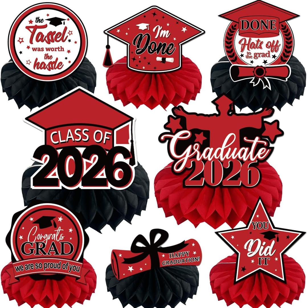 8PCS Graduation Decorations 2026, Class of 2026 Congrats Grad Table Centerpieces Congratulate Graduation Honeycomb Table Toppers for Graduation Party Supplies (Red Black)