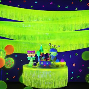 Mega-L Glow in The Dark Party Supplies, 4 Pack Foil Fringe Garland Birthday Party Decorations 9.8 ft Fluorescent Macaron Yellow Metallic Tinsel Streamers Banner, Glitter Photo Booth Prop Table Skirt
