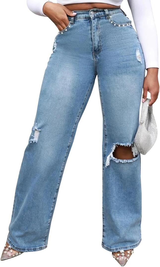 Women's Wide Leg Straight Jeans High Waisted Baggy Stretch Loose Denim Pants (Large, 974-blue)