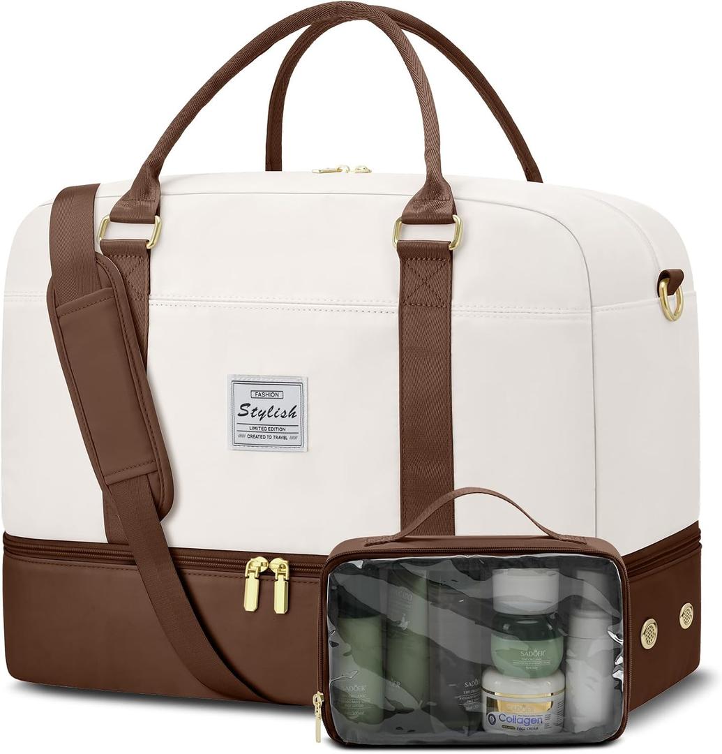 Weekender Travel Duffle Bag for Women: Overnight Bags with Shoe Compartment Carry on Bags for Airplanes with Toiletry Bag Yoga Gym Bag with Wet Pocket Travel Duffel Tote Bag Hospital Bag Brown Beige (Large)