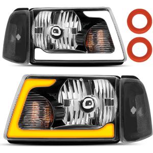 Headlight Assembly Fit For 2001-2011 Ford Ranger w/LED DRL Sequential Turn Light 01-11 Ranger with Corner Lights Headlamp Driver And Passenger Side (Black Housing Clear Relfector)