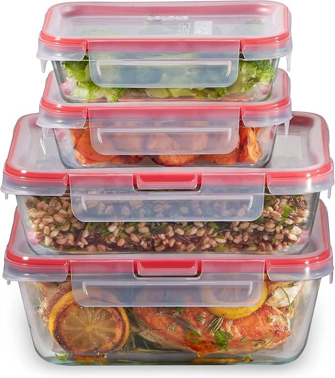 Pyrex Freshlock (4Pack) Mixed Sized Glass Food Storage Containers Set, Airtight & Leakproof Plastic Locking Lids BPAFree, Meal Prep Containers Set, Freezer Dishwasher Microwave Safe