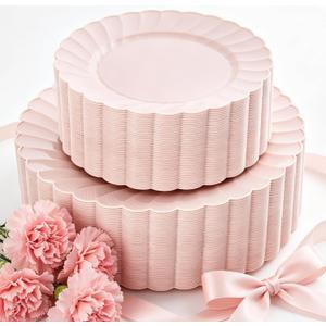 YOUBET 100PCS Pink Scalloped Plastic Plates - Heavy Duty Pink Disposable Fancy Hard Plates Include 50 Dinner Plate, 50 Dessert Plate, for Wedding & Party Easter Mothers Day