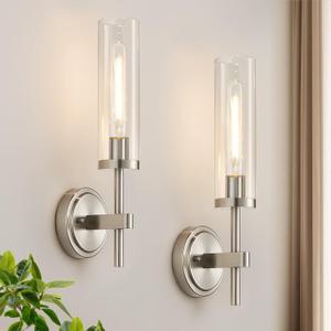 MOKATNG Wall Sconces Set of Two, Brushed Nickel Bathroom Sconces with Clear Glass, Hardwired Sconces Wall Decor Set of 2, Modern Wall Light Fixtures for Bathroom Mirror Living Room Bedroom Hallway