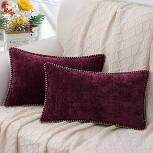 decorUhome Chenille Soft Throw Pillow Covers 12x20 Set of 2, Lumbar Velvet Farmhouse Neutral Decorative Pillow Covers with Stitched Edge for Couch Sofa Bed Home Decor, Rhododendron