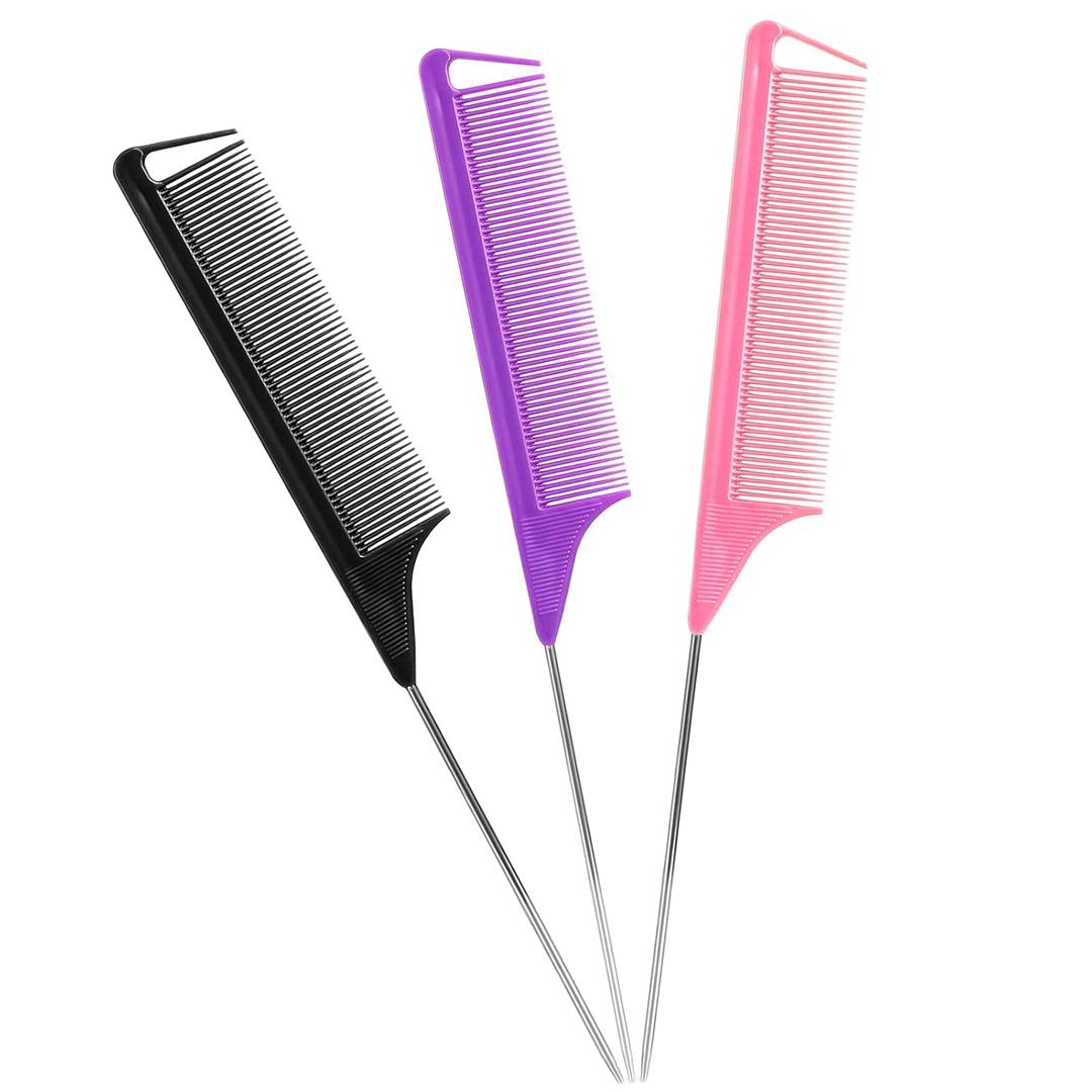 Rat Tail Combs Set: 3Pcs Long Steel Pin Teasing Combs for Salon Hair Stylists, Metal Parting Combs for Women (Purple, Black, Pink)