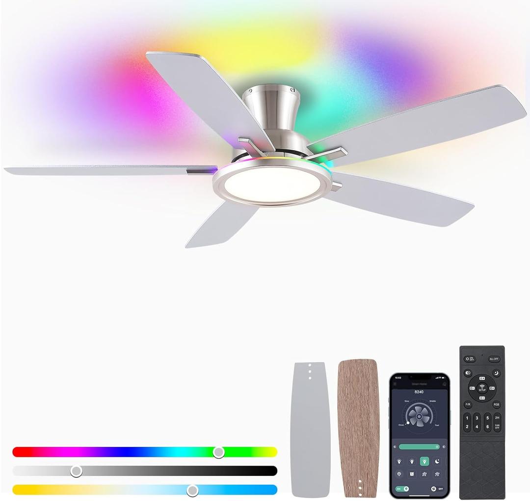 52" RGB Ceiling Fan with Light and Remote/App - Flush Mount Ceiling Fan Light with Reversible Mute Motor, RGB Ring, 5 Dual-Sided Blades, Low Profile Ceiling Fans for Indoor, Party