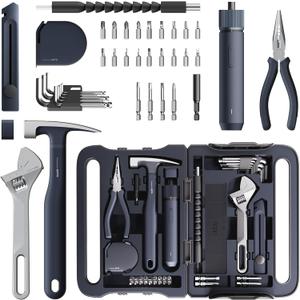 HOTO 40-Piece Tool Kit, Household Essentials Tool Set w/Smart Electric Screwdriver (LED, 3 Torque) + 14 Tools & 26 Accessories | Pro-Grade Compact Organizer for Home, Dorm Repairs, DIY (Black)