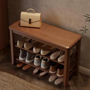 AQIMUELE Wood Shoe Rack Bench for Entryway, 2 Tier Shoe Rack for Front Door Entrance, Shoe Bench with Shoe Storage for Entryway, Bedroom, 31.5", 31.5"W x 20.4"H x 11.8"D