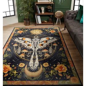 Washable Mystical Luna Moth Rugs Ultra Thin, Boho Moody Black Floral Aesthetic Living Room Rugs Vintage Hippie Celestial Aesthetic Bedroom Rug, Retro 6x9 Area Rug Carpet for Dining Room Dorm