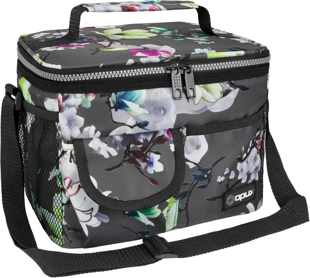 opux Insulated Lunch Bag for Men Women, Leakproof Floral Grey Lunch Box for Work, Portable Soft Lunch Cooler Bag with Shoulder Strap, Adult Lunchbox Lunch Pail for Kid Boy Girl School, 14 Can/8L