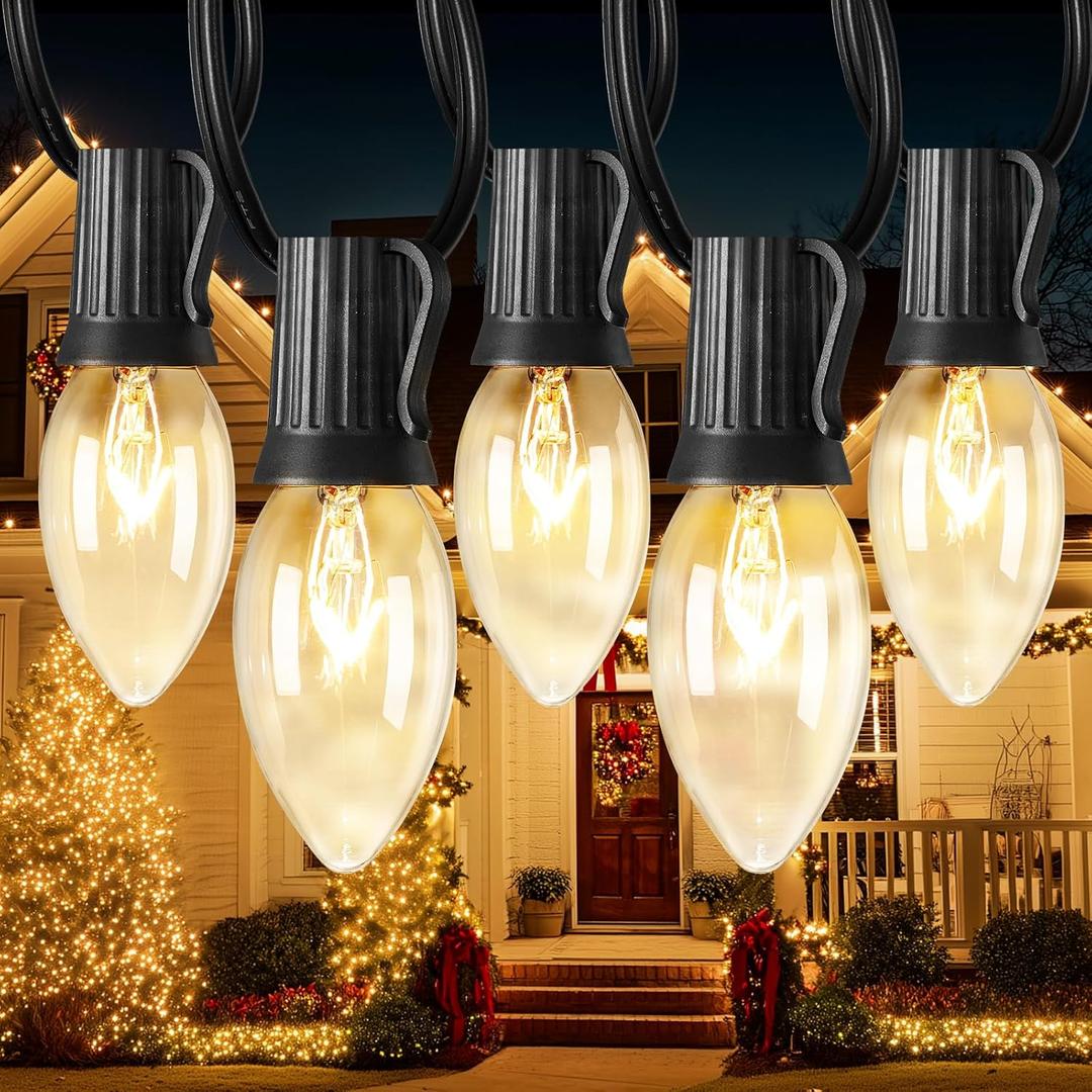 C9 Christmas String Lights Outdoor 100ft Vintage Christmas Tree Lights for Indoor Outdoor Roofline Patio Room Holiday Party Backyard Xmas Decoration, Black Wire, 100+4 Bulbs, Not Connectable