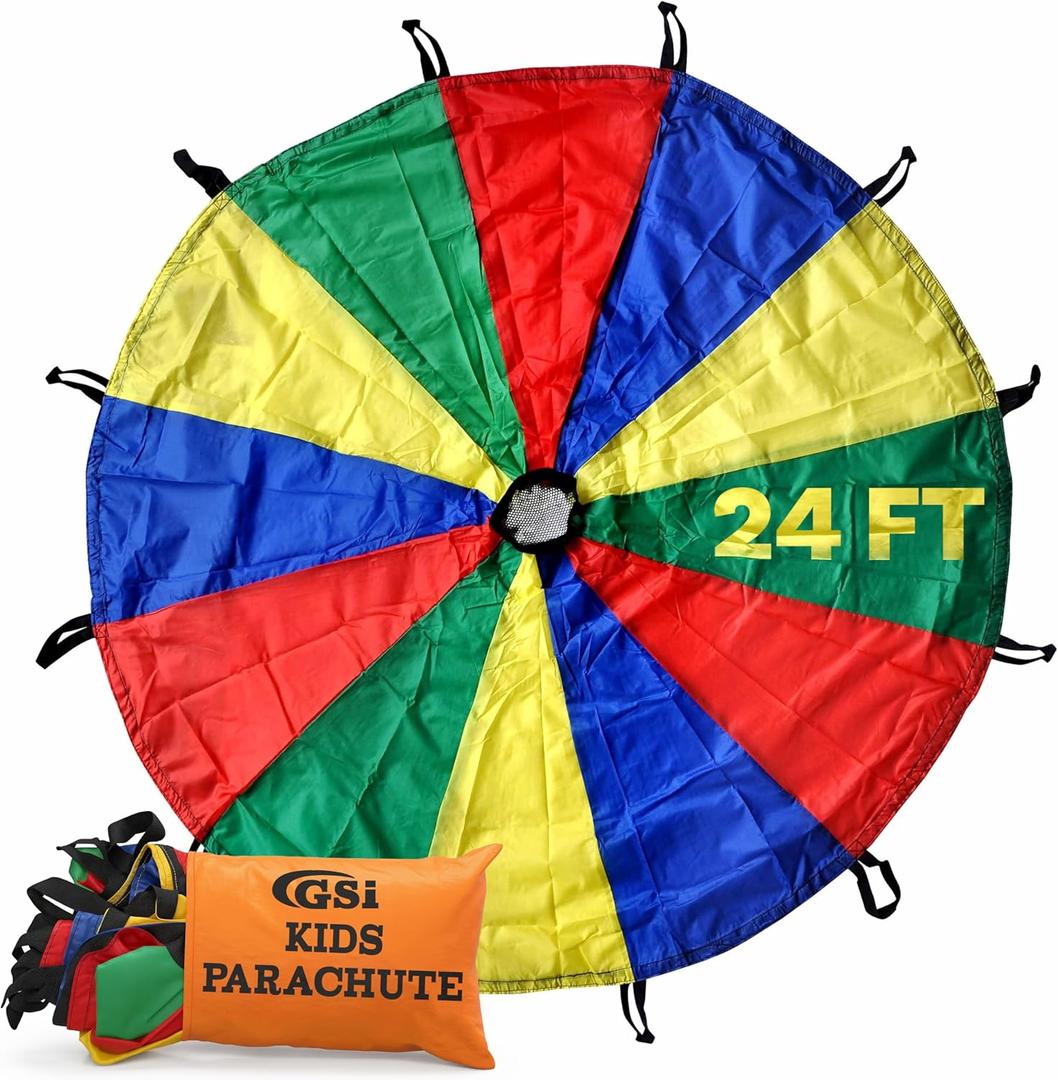 GSi Kids Play Parachute Rainbow Parachute Toy Tent Game for Children Gymnastics Cooperative Play and Outdoor Playground Activities (24 Feet)
