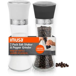 IMUSA Salt Shaker and Pepper Grinder Set  2 Pack Glass Salt Shaker and Pepper Mill Set, Manual Adjustable Ceramic Core Pepper Grinder, 6 oz Capacity, Refillable Salt and Pepper Set for Kitchen (Medium, Black/White)