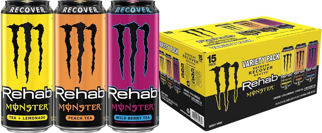 Monster Energy Rehab LPWBT, Variety Pack, Energy Iced Tea, 15.5 Ounce | Pack of 15 (EXP 12/12/27)