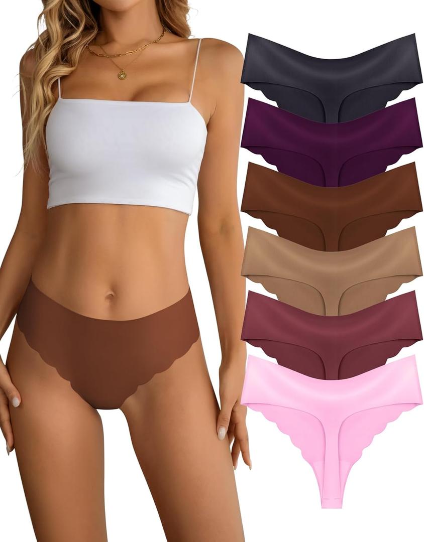Seamless Thongs for Women Mid Rise Breathable No Show Underwear Wave Edge Stretch Invisible Panties 6 Pack, Small